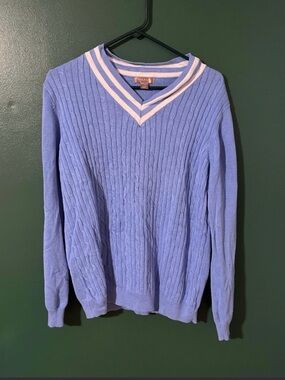White Stag Men’s V-Neck Cable Sweater in Lavender with White Trim